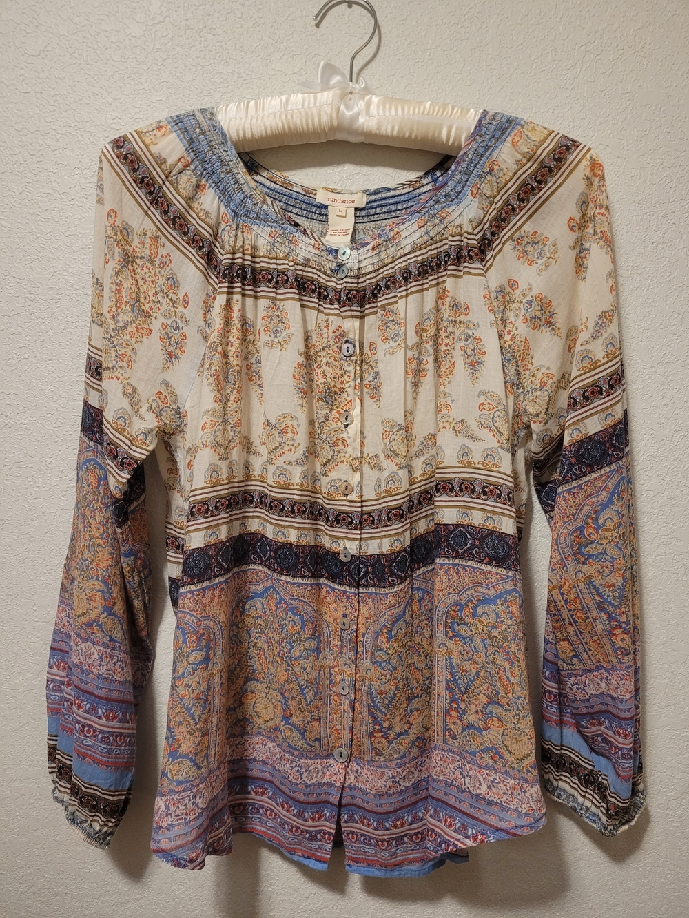 Sundance Paisley Button-Down Blouse in Cream, Blue & Tan